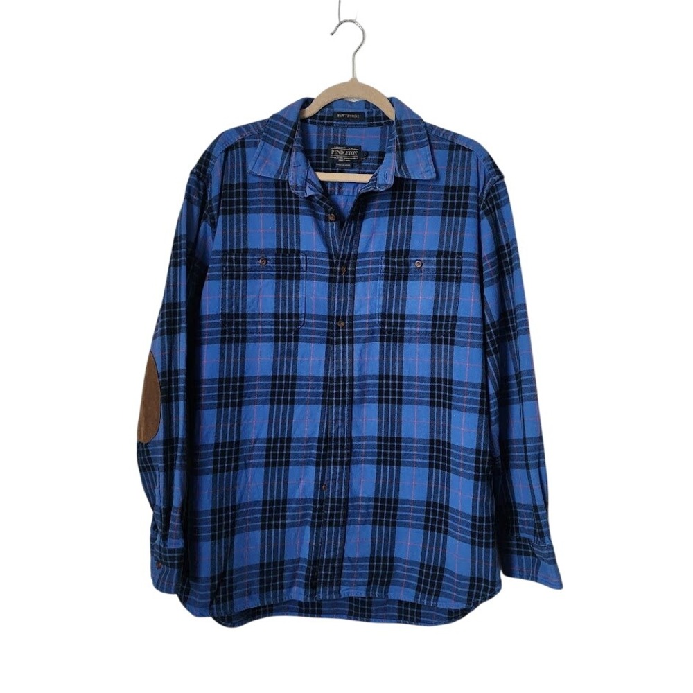 PENDLETON Hawthorne Blue Plaid Cotton Flannel Shirt L Elbow Patches Gorpcore